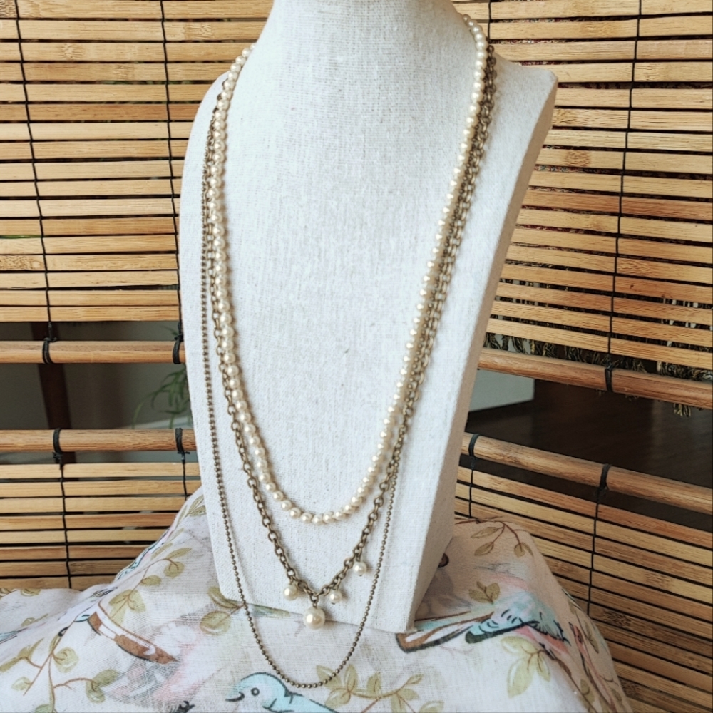J. Crew Long Brass Tone Faux Pearl Tri Three Strand Necklace Lifesaver Clasp